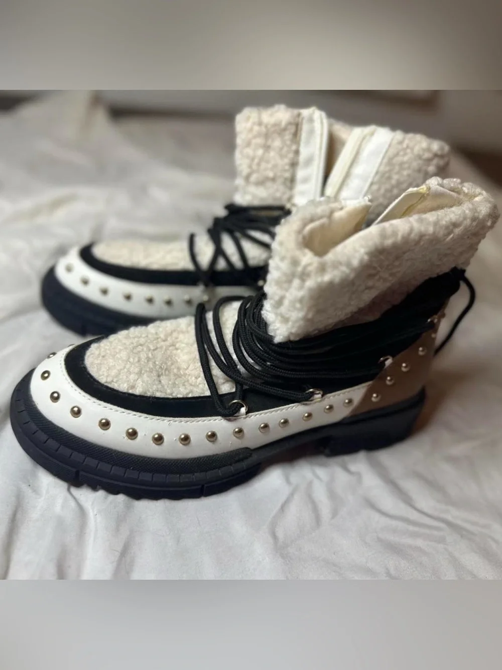 Princess Polly Cream Sherpa Lace-Up Combat Boots with Black & Brown Accents